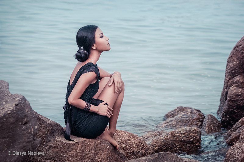 girl, sea, beauty, water, beach, stones, ocean, rocks, summer, beautiful, glamour, fashion, woman, sitting, female, pretty, romantic, model, alone, black, sexy, young, lonely, dress, dreaming, maiden, lace, single, sadly, sorrowful Among the silent stonesphoto preview