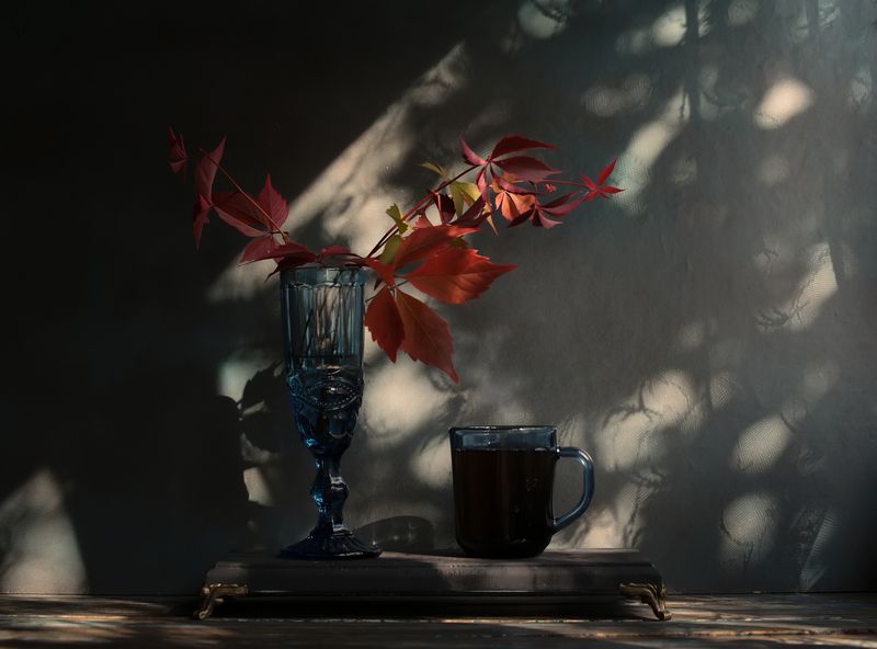 листья дикого винограда, натюрморт с листьями, дикий виноград, синий, чашка, бокал Листья дикого виноградаphoto preview