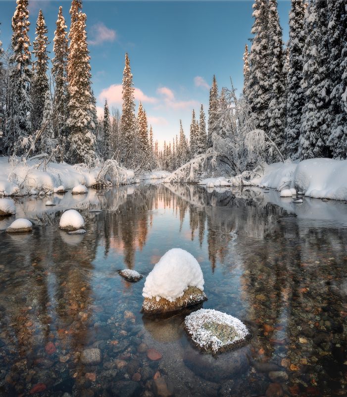 кольский, зима, река, чистая вода, снег, иней Реки чистой воды фото превью