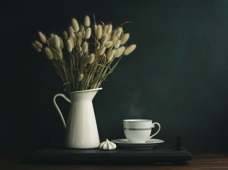 coffee,  coffee theme, still life, drink, shades, colors, coffee, натюрморт, напиток, чай, оттенки, цвета, кофе, заячий хвост Сухоцветы и чашка чаяphoto preview