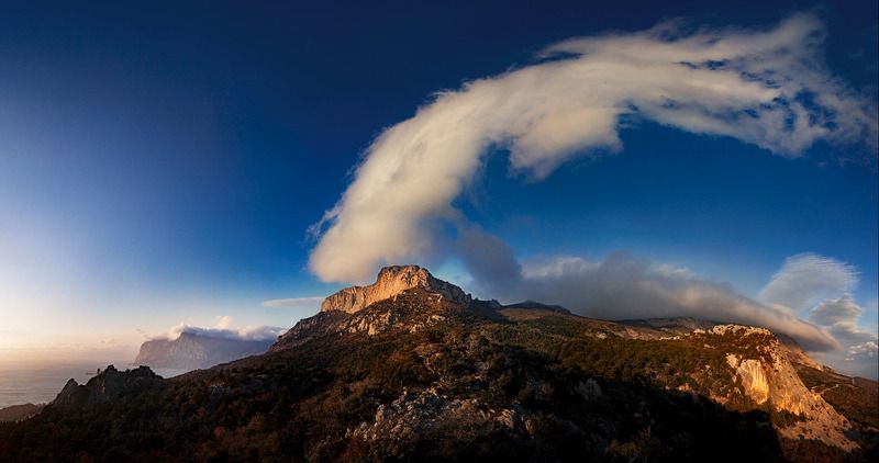 крым, горы, скалы, облака, закат, панорама, деревья, море ***photo preview