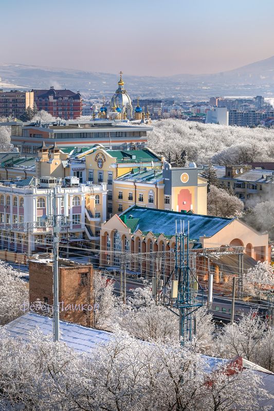 ставропольский край, ставрополье, город ессентуки, железнодорожный вокзал, церковь пантелеимона целителя, кавминводы, утро, иней, зимний, синий, город, городское, машук, бештау, Город Ессентукиphoto preview