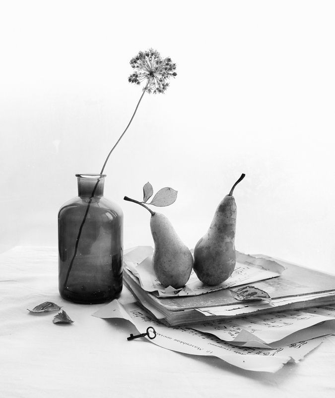 натюрморт, груши, чёрно-белый натюрморт, чёрно-белая фотография, фрукты, ваза, ноты Грустные грушиphoto preview