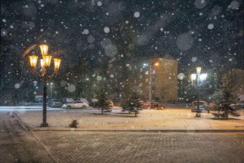 провинция, фонарь, снегопад, город, ночь, Московская область, ночной город, городской пейзаж, красивый фонарь Снежная ночьphoto preview