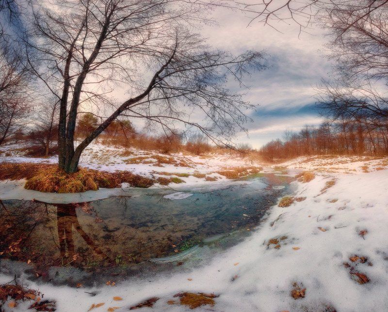 вечер, отражение, оттепель, ручей, февраль Дыхание весныphoto preview