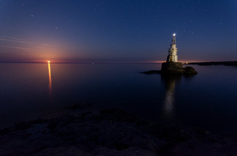Ahtopol, Bulgaria, Colorful, Colors, Fineart, Full moon, Landscape, Lighthouse, Moon, Moonrise, Night, Night sky, Nightscape, Rocks, Sea, Seascape, Sky, Stars Moonrise at the lighthousephoto preview