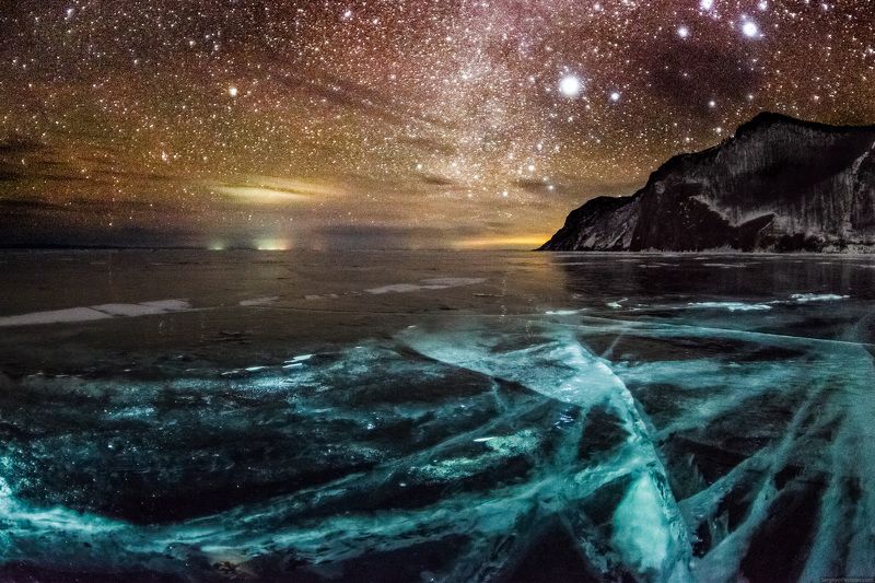 байкал, ольхон, зима, лёд, ночь, звёзды Ночной Байкал фото превью
