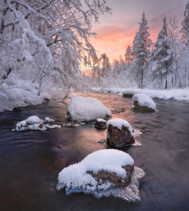 кольский, утро, река, камни, снег, мороз, иней, вода, течение, зима Драгоценности Кольского фото превью
