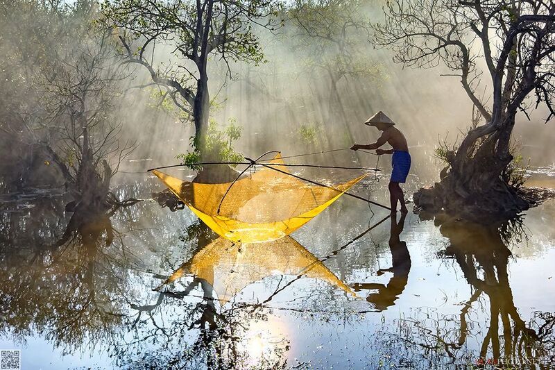 quanphoto, landscape, morning, sunlight, rays, reflection, fishing, fisherman, forest, rural, lagoon, vietnam Fishing at Dawnphoto preview