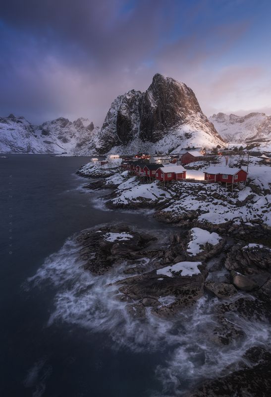lofoten, longexpo, rocks, sea, seascape, houses, mountains, waves, norway, reine, hamnoy Morning at the Hobbit\'s landphoto preview