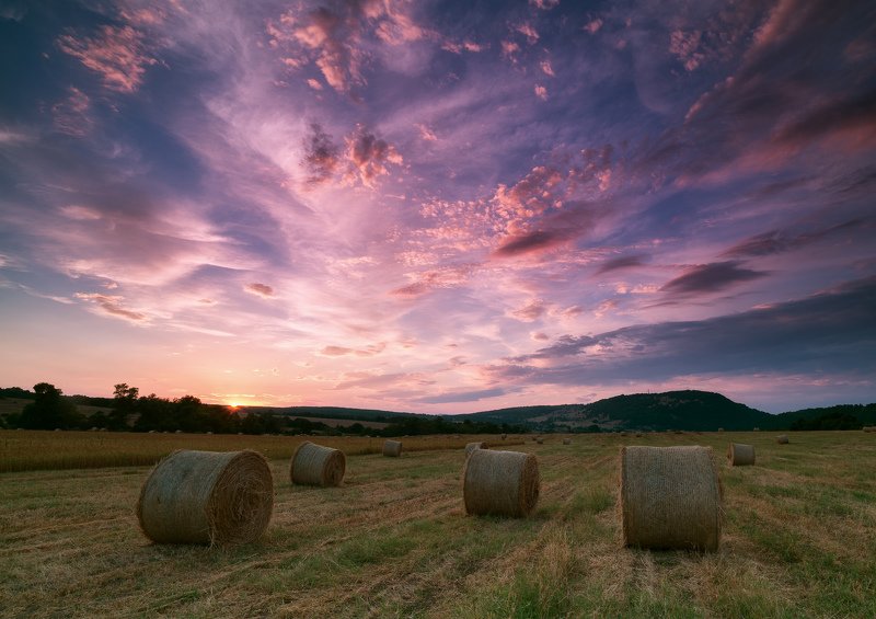 bales, clouds, colorful, colours, field, fineart, forest, hay, landscape, sky, summer, sun, sunset, wheat Sunset at the hay bales fieldphoto preview