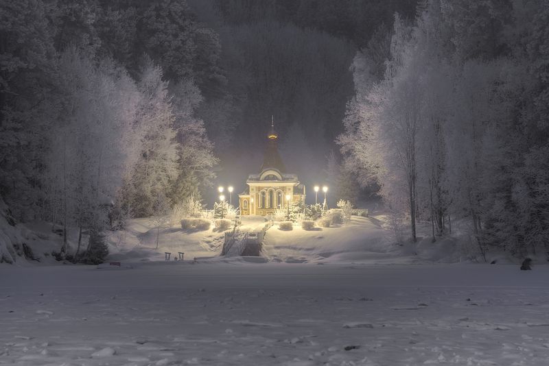 зима, озеро, часовня, монастырь, ночь photo preview