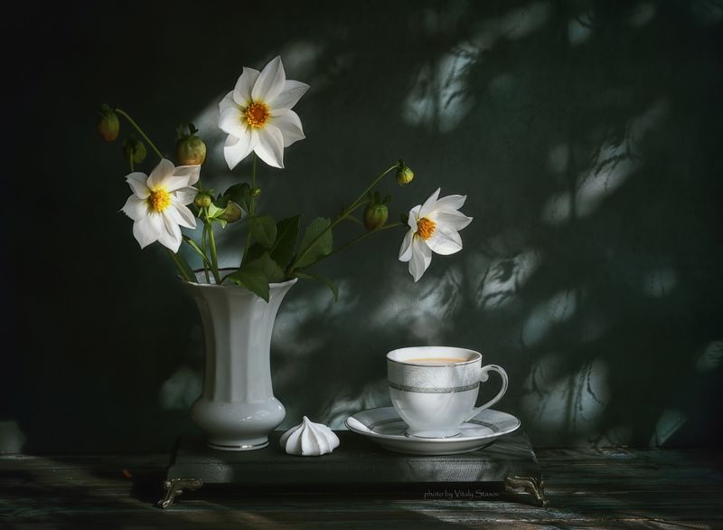 георгины, кофе с молоком, ваза с цветами, чашка, кофе, фотограф виталий стасов, vase, flowers, cup, coffee Георгины и кофе с молокомphoto preview