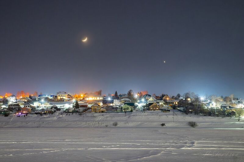 зима, ночь, луна, небо, лысьва, пермский край, пейзаж Серп молодой Луны и Венераphoto preview