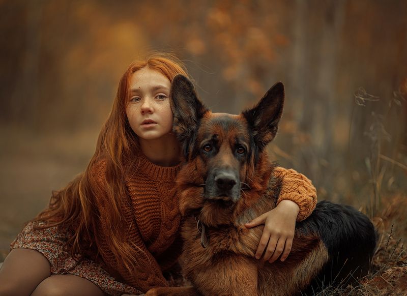 девочка, портрет, рыжик, ребенок, детский, детская, собака, питомец, друзья, дружба, осень, немецкая овчарка Мой другphoto preview