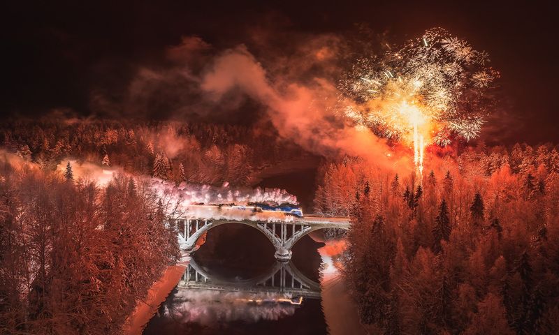 ПДМ, поезддедамороза, поезд, паровоз, карелия, транспорт, ржд, пар, движение, ночь, салют, мост, река, янисъярви Photo #119photo preview