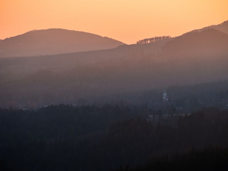 czechia,lusatian,mountains,sunrise,morning,light,hills,church,minimalist Quiet morning under the mountainsphoto preview