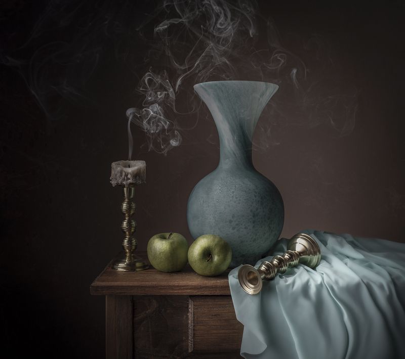 Still life, candle, light, smoke, apple The party is over!photo preview