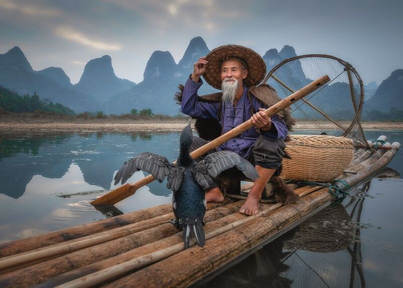 китай, china, fisherman, рыбак, баклан, xingping, guilin, youngshuo  Рыбак с бакланом на реке Лиphoto preview