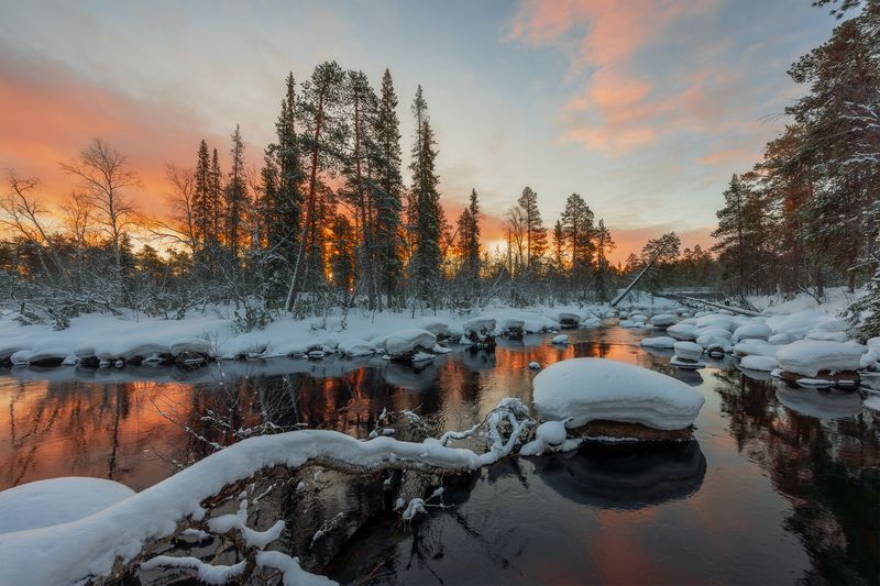 кольский, река, рассвет, зима, пауст, мурманская область, кольский полуостров, мурманск Рассвет на реке Паустphoto preview