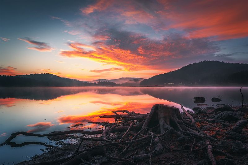 landscape, nature, scenery, summer, sunrise, morning, dawn, lake, reflection, mountain, trees, пейзаж, рассвет, горы, озеро Awakening lakephoto preview