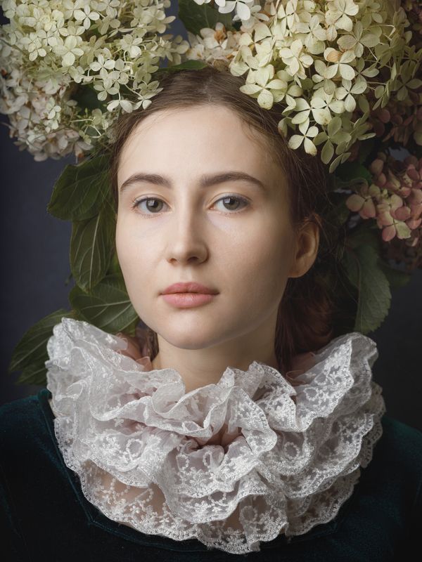 лицо, женщина, портрет, гортензия, цвет, печать, взгляд Гортензия фото превью