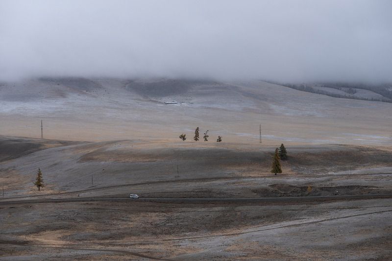 altay, autumn, landscape, topview, foggy, misty, road Платина с золотомphoto preview