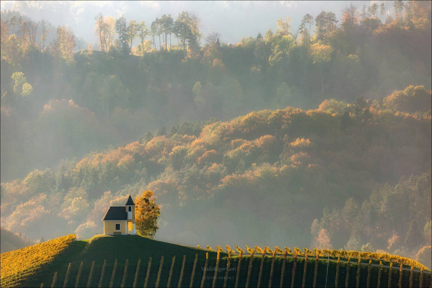 dreisiebner kapelle,свет,часовня,штирия,chapel,гамлитц,австрия,gamlitz- sernau,landscape,панорама,осень,rural,дымка, Гори Василий