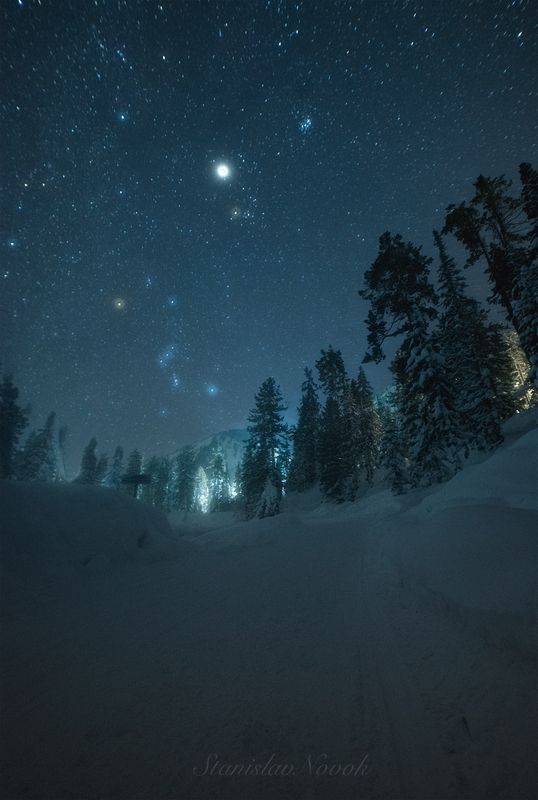ночь, звезды, созвездие ориона, зима, снег, лес, горы Звездная ночь у горы Мамай фото превью