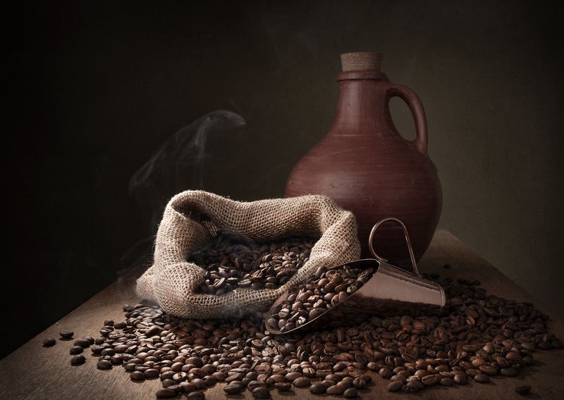 still life, coffee, grains, light, smoke, shadow Roasted coffeephoto preview