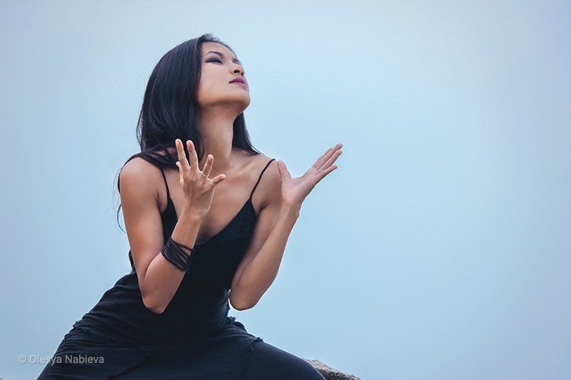 girl, woman, maiden, sky. blue, black, dress, melancholy, drama, outdoors, sadness, female, fashion, glamour, beautiful, rock Spirit poultryphoto preview