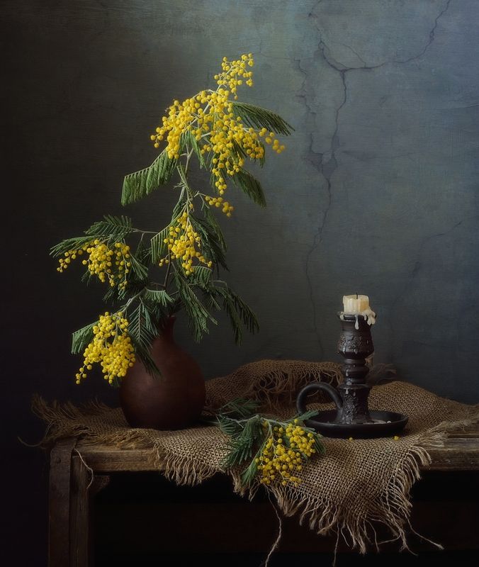 натюрморт,мимоза,весна,подсвечник,цветы ...photo preview