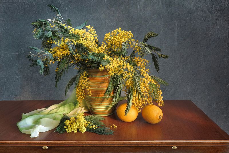 натюрморт,мимоза,лимоны,весна,кувшин,шарф Мимозаphoto preview