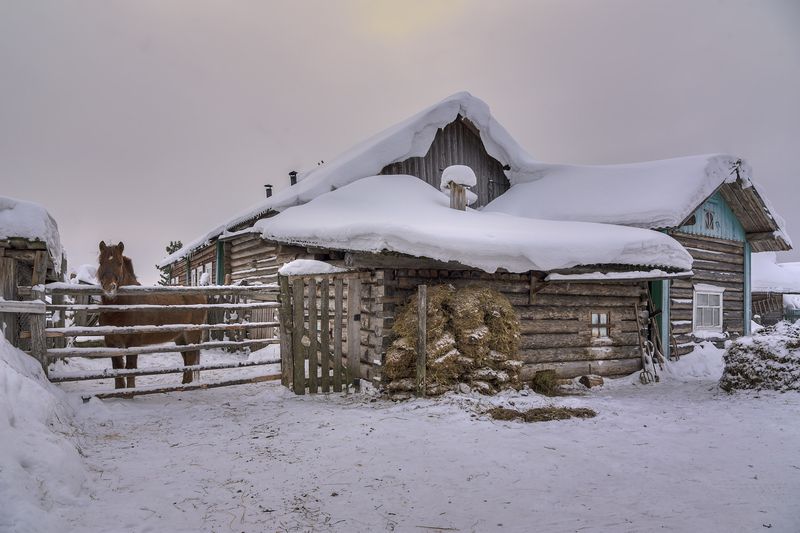 зима, деревня, утро, амбар, баня photo preview