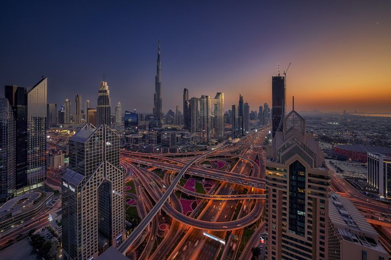 sunset, architecture, cityscape, building, skyline, Dubai, emirates, street, sky, colors Sunset in Dubaiphoto preview