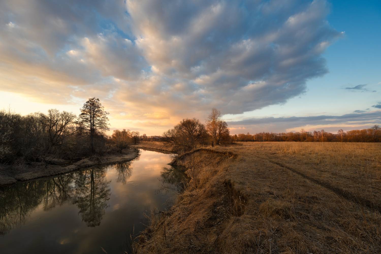 вечер, март, закат, река, небо, облака, свет, отражение, краски, Виталий Полуэктов