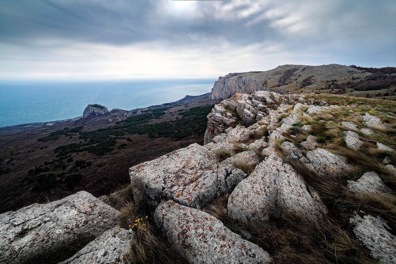 крым, горы, камни, трава, цветы, небо, облака, море, скалы ***photo preview