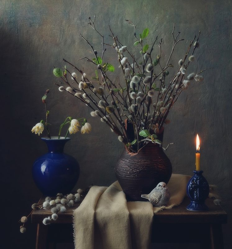 натюрморт,весна,верба,ива,свеча,цветы,первоцветы,ваза,птичка Вербное...photo preview