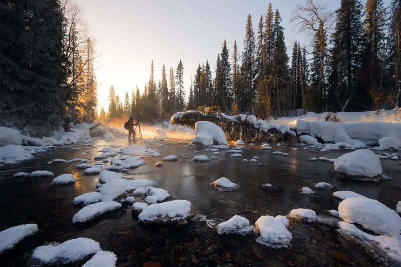кольский, река, рассвет, зима, хибины, кировск, кошва, вуоннемйок, мурманская область, кольский полуостров Незамерзающие реки Кольскогоphoto preview