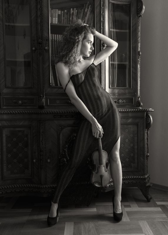 antique furniture, artistic portrait, beautiful woman, bookcase background, dress, elegant pose, femininity, front view, grace, high heels, indoors, monochrome, musical instrument, one person, pensive look, standing, vintage aesthetic, violin, young woman Elegy for a Silent Violin фото превью