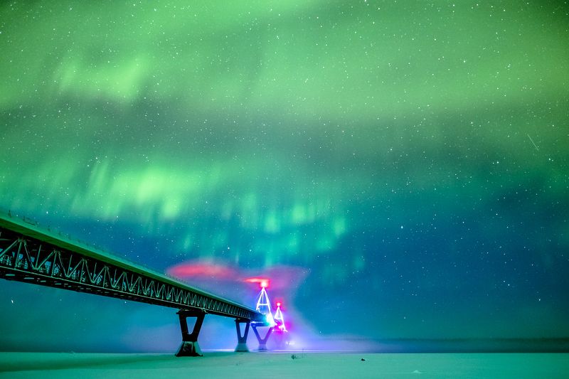 Северное сияние, аврора, ночь, зелень, мост, север, река, огни, туман, fuji X-T1 Зеленый Мостphoto preview