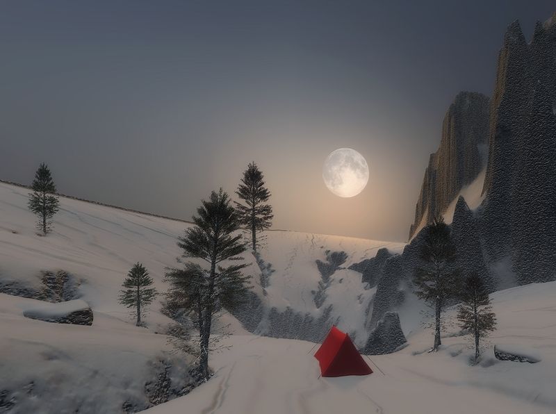 пейзаж, природа, зима, горы, палатка, снег, небо, луна Красная палаткаphoto preview