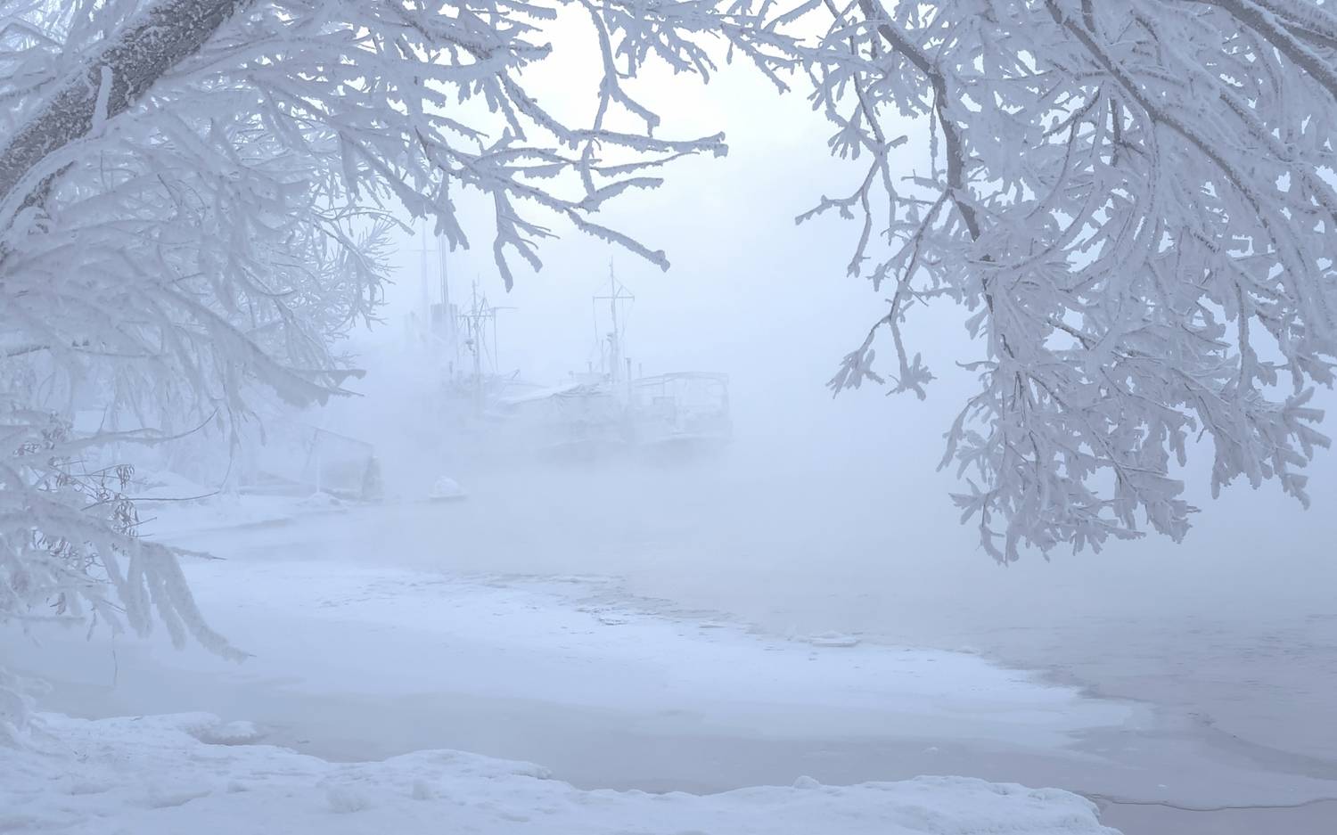 Морозное дыхание зимы. Автор: Фомина Марина зима, мороз, сибирь, корабли, иней, морозный туман, Фомина Марина