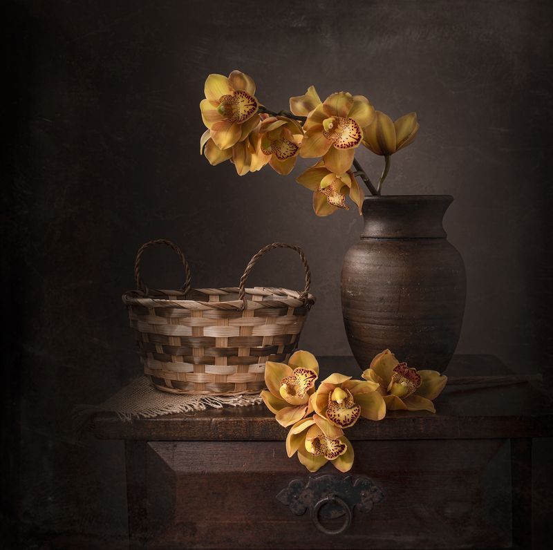 still life, Yellow, flowers, orchid, vase, texture Yellowphoto preview
