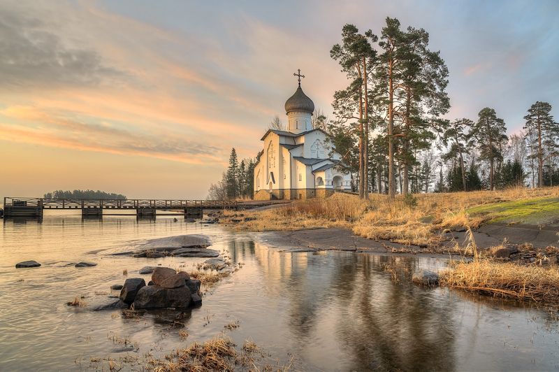 весна, утро, храм, озеро photo preview