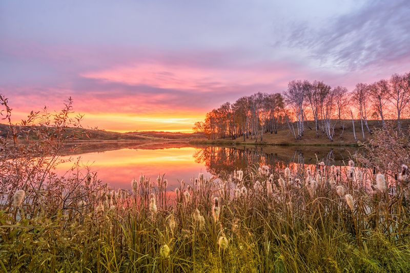 Россия, пейзаж, рассвет, природа, Курган Рассвет на  рекеphoto preview