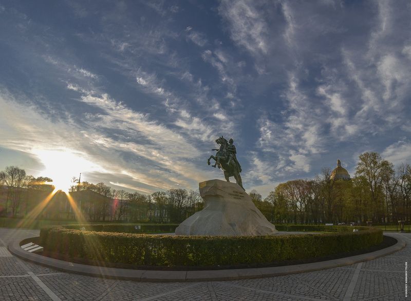 архитектура, скульптура, рассвет, город, санкт-петербург, фишай, небо Медный всадникphoto preview