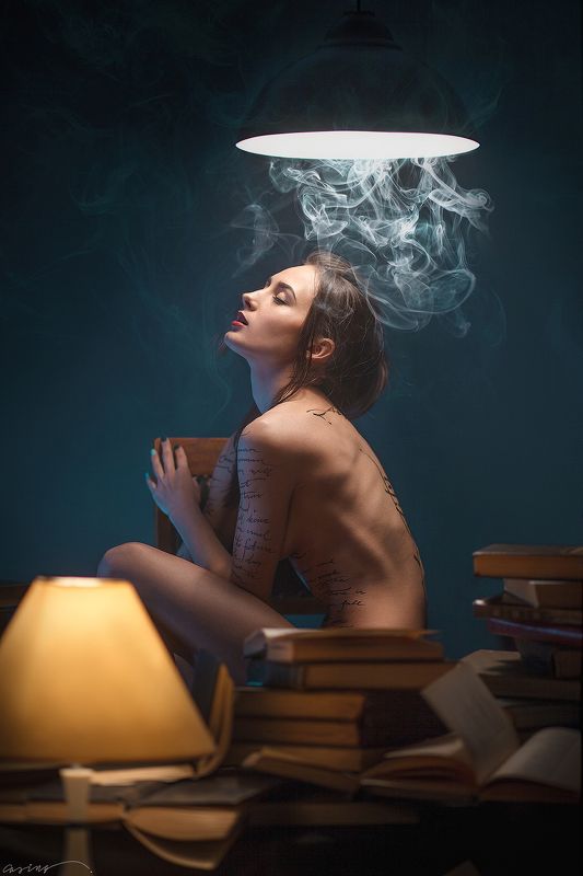 nude, beauty, beautiful, girl, body, caligraphy, library, books, book, lamp, smoke, lights ***photo preview