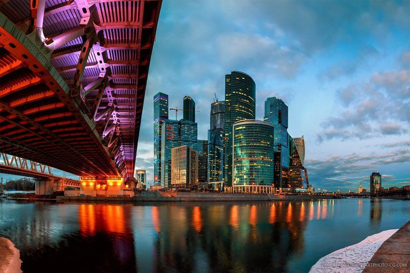 Вечер, Закат, Москва, Москва-сити, Мост, Подсветка, Река photo preview