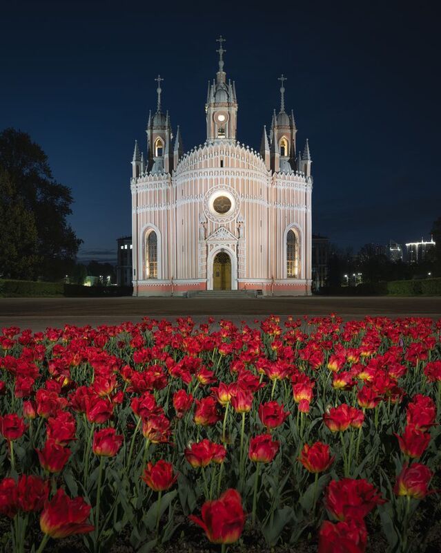 санкт-петербург , питер , чесменская церковь , тюльпаны Ночью у Чесменской церкви в Санкт-Петербургеphoto preview